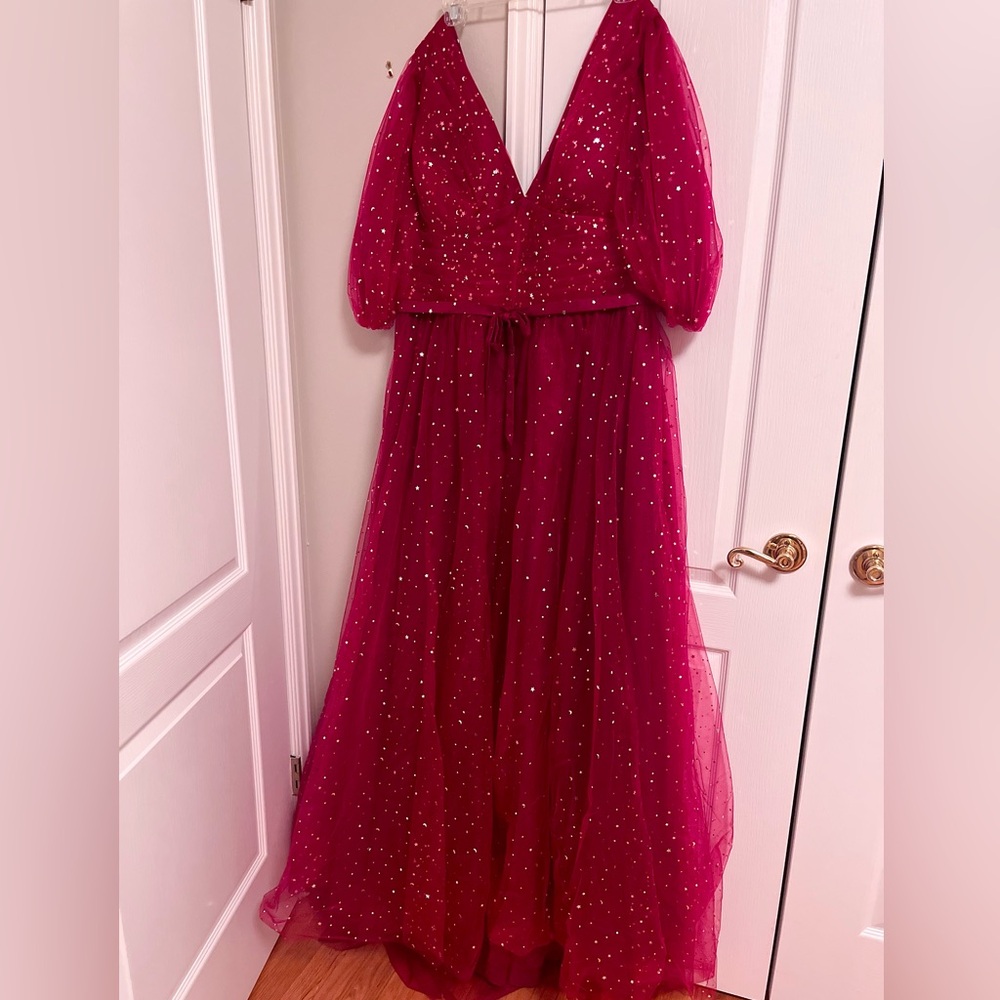 Plus Size Full-Length Gown w Starry Tulle Overlay & Lace Up Back | XXL or 18-20